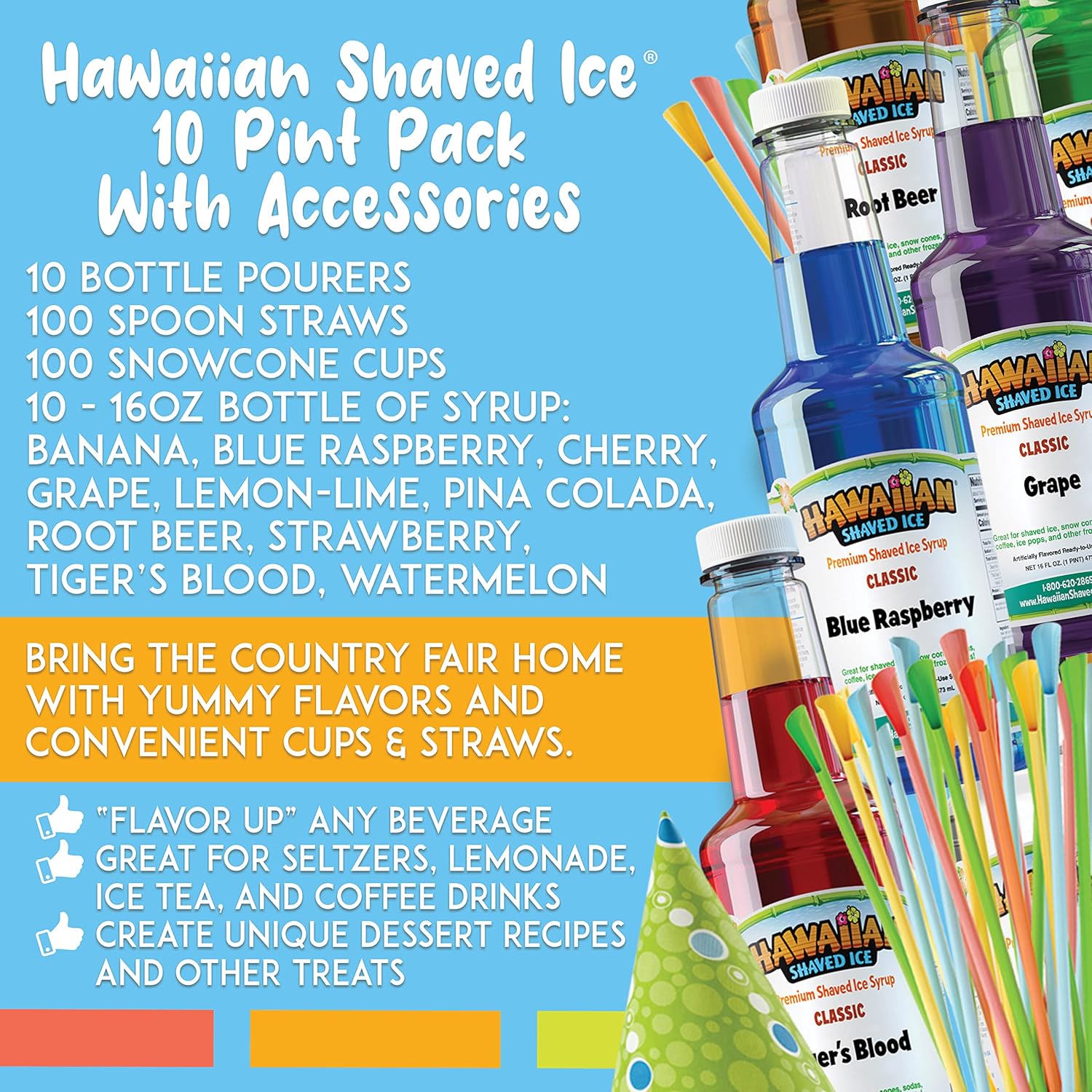 Hawaiian Shaved Ice 10 Flavor Syrups and Accessories bundled with 20 Flavor Syrups and Accessories