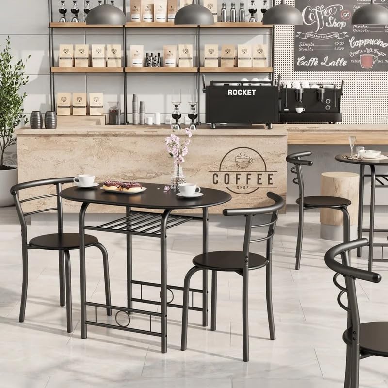 Shahoo 3-Piece Wooden Dining Table Set, Kitchen Breakfast Nook Sets with 2 Chairs & Round Tabletop, Space Saving Furniture Metal Frame and Built-in Wine Rack, Walnut