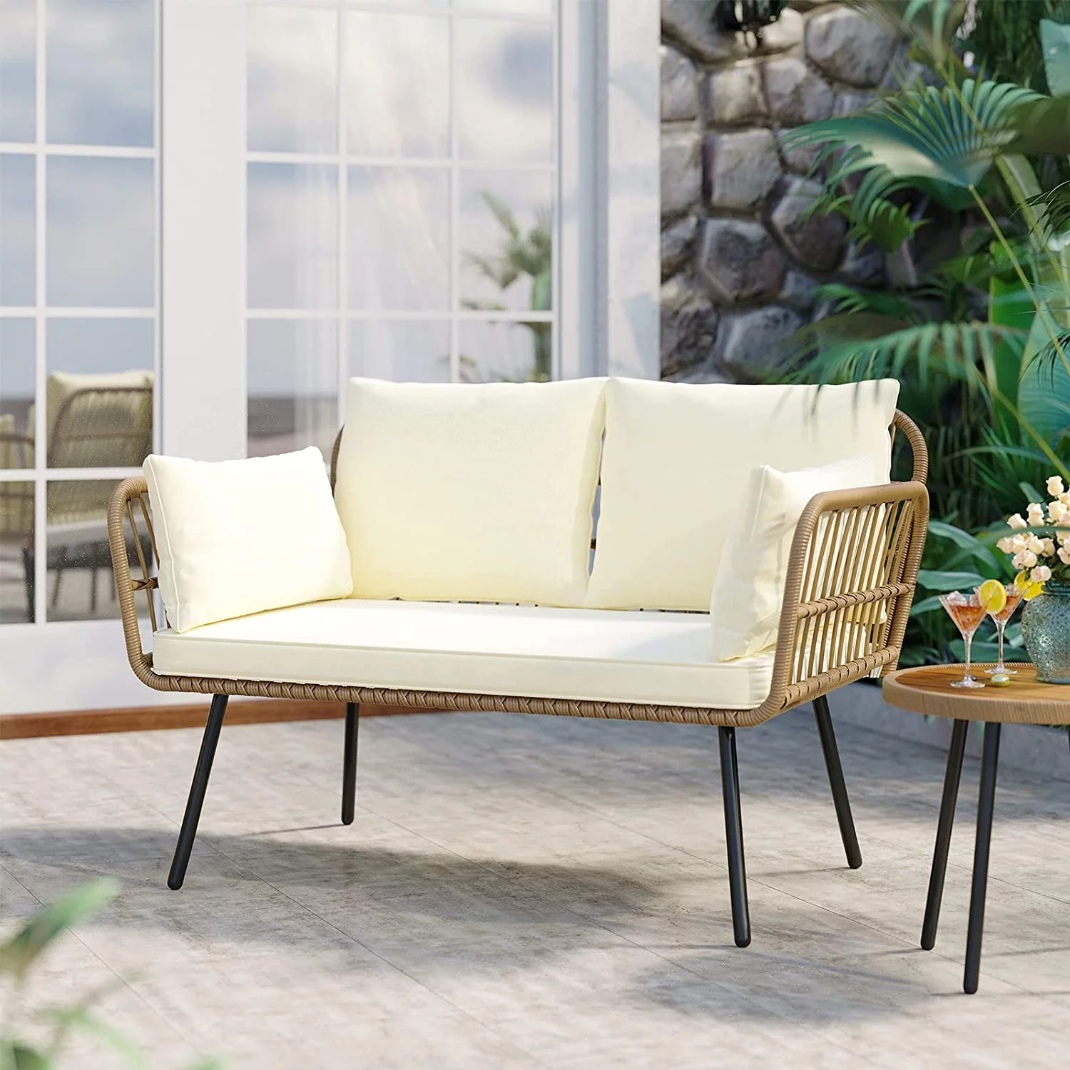 Dextrus Wicker Loveseat Sofa With Beige Cushions & Lumbar Pillows, All-Weather Wicker Loveseats Patio Sectional Furniture for Patio, Balcony, Backyard, Deck, Poolside