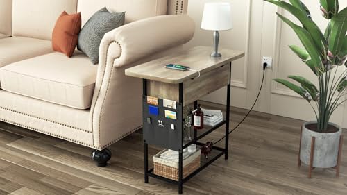 End Table with Fast Charging Station, Narrow Side Table with USB C Ports and Outlets,Flip Top Bedside Table, Nightstand with Drawers for Living Room Bedroom and Small Space (Rustic Brown)