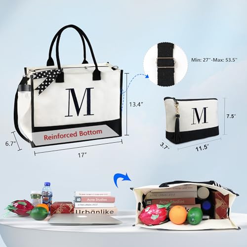 BeeGreen Mother's Day Gifts Personalized Women's Large White and Black Canvas Tote Bag, Embroidered Initials, Leather Handle, Zipper Closure