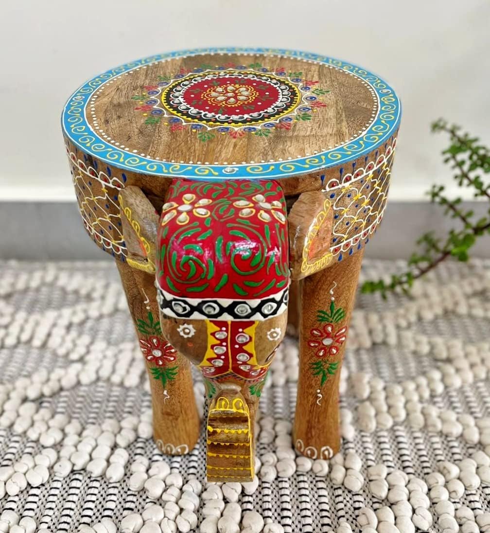 Wooden Elephant Stool Hand Painted Wooden Stool Kids Home Decor Elephant Stool,Cum Side Table Stand,Animal Plant Stool Home Office Living Or Bedroom Décor by KD Art Craft KDAC-1713313 Multicolor