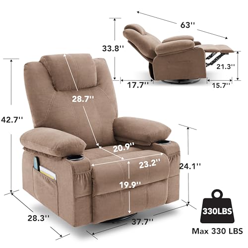 Swivel Rocker Recliner Chair with Heat and Massage, 360 Degree Swivel Rocking Single Sofa with Cup Holders and USB Port, Big Large Oversized Recliner Chair for Living Room (Leather, Brown)
