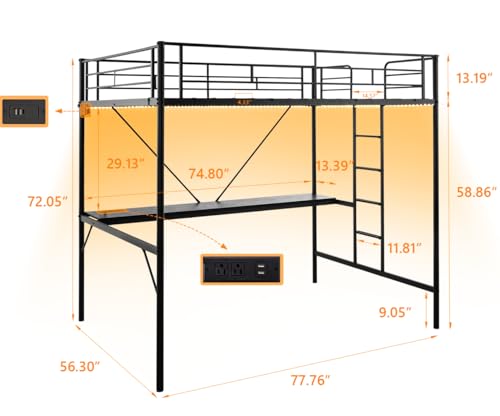 VINGLI Twin Loft Bed with 15 Inches Safety Guardrail/L-Shaped Desk/Flat Rungs, LED Single High Sleeper with 2 Charging Stations/Storage Shelves/Dresser, Heavy Duty Metal Support Slat, White
