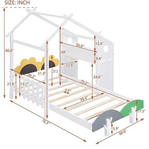 House-Shaped Twin Size Platform Bed with Windmill and Flower Decor, Solid Wood House Bed Kids Bed with Desk and 2 Handles for Girls Boys, Strong Sturdy Slats Support (at-White)
