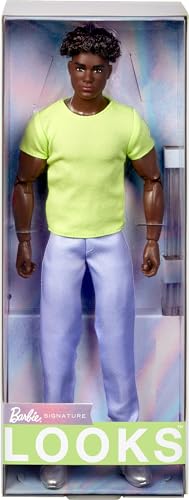 Barbie Looks Ken Doll, Collectible No. 25 with Curly Black Hair & Modern Y2K Fashion, Chartreuse Tee & Pastel Trousers with Silver Boots