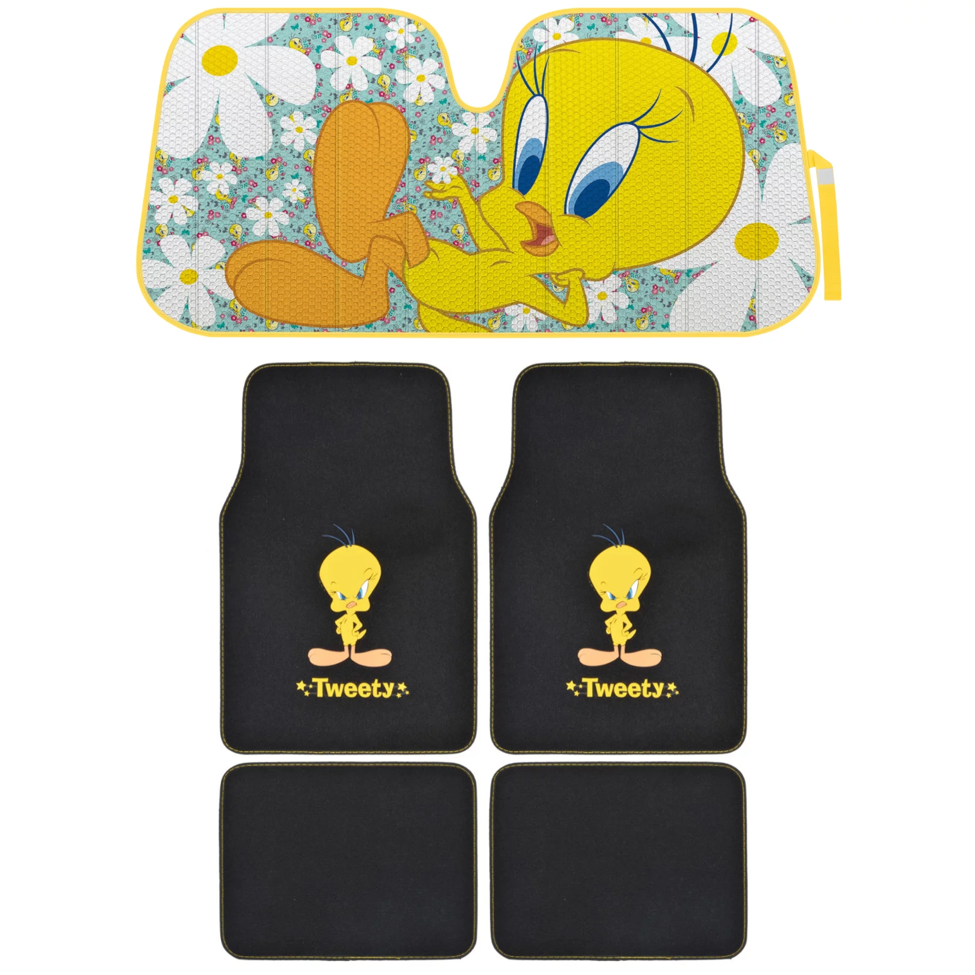 BDK Tweety Bird 4PC Front & Rear Carpet Car Floor Mats with Windshield Auto Shade, Accordion Folding Auto Sunshade for Car Truck SUV-Blocks UV Rays Sun Visor Protector, Keeps Your Vehicle Cool