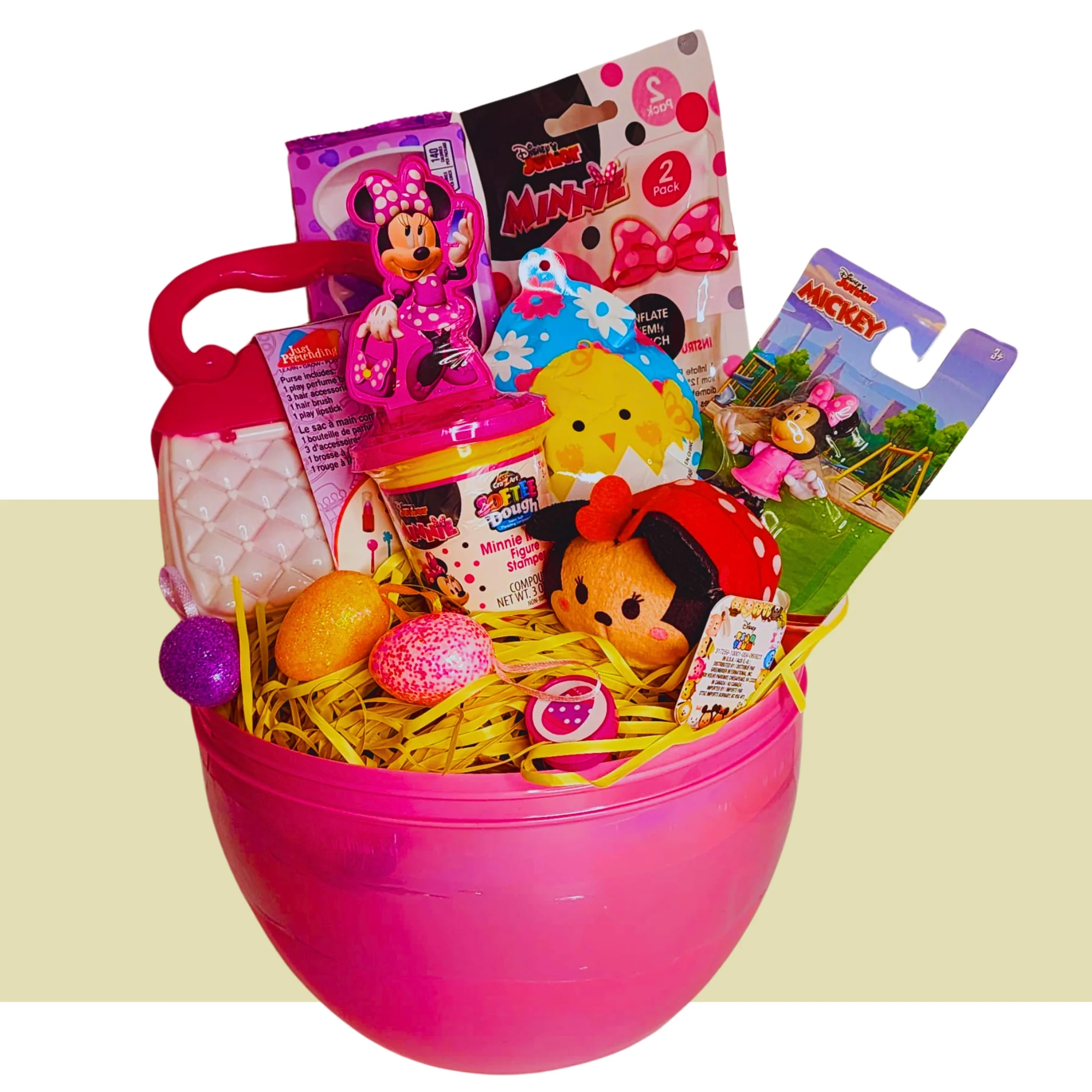 Happy Easter Basket Pre-Filled Surprise Mega Jumbo Pink Egg w/ Minnie Plush Doll Toy Dough Peeps Candies & Reusable Iridescent Plastic Egg-Shaped Container Spring Party Favors (Contents Vary)