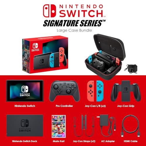 Nintendo Switch Neon Blue/Red with Mario Kart 8 Deluxe Bundle | Includes Wireless Pro Controller, Extra Joy-Con (Red/Blue) | With Signature Series Large Carry Case and Earphones