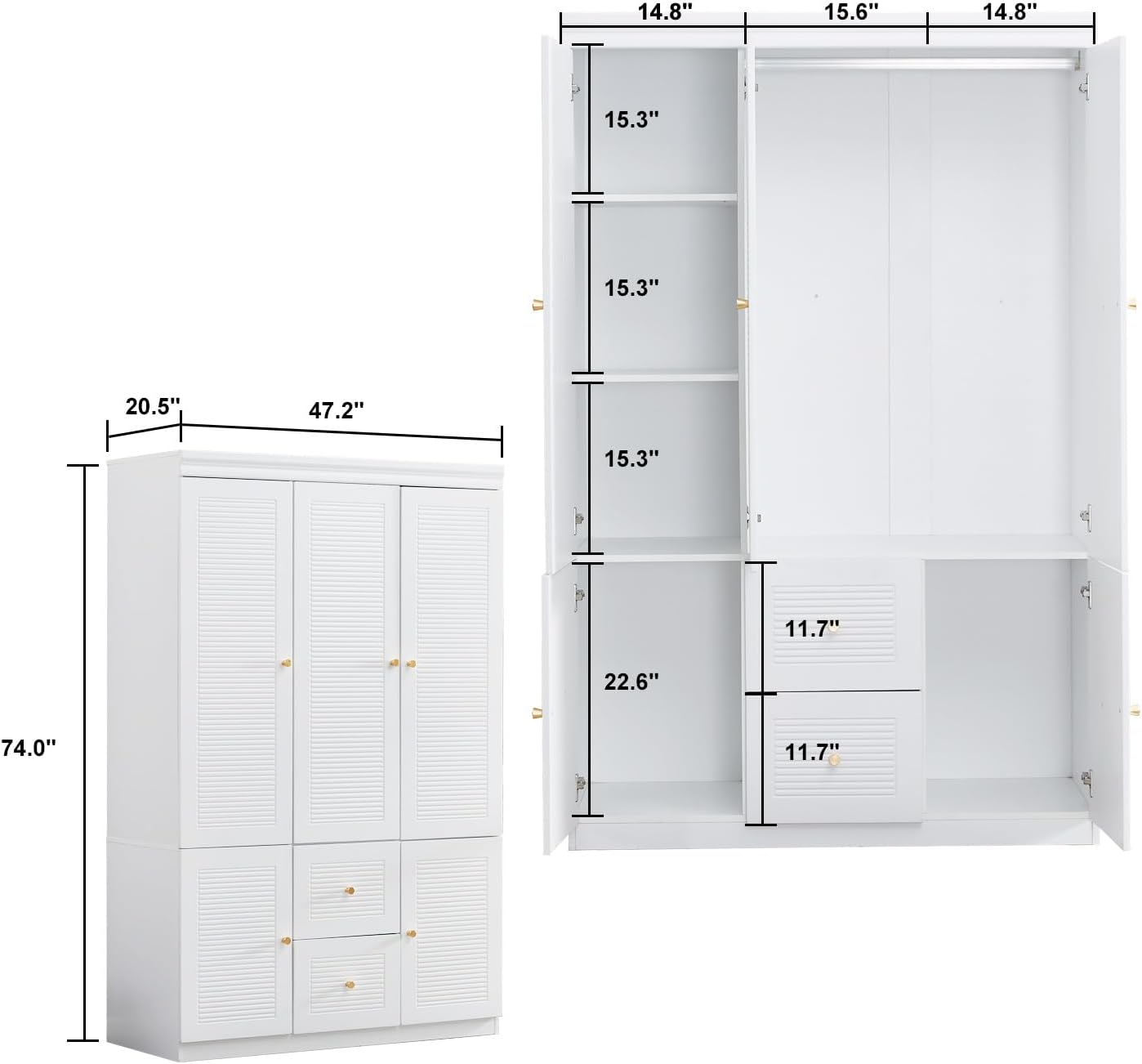 3 Door Armoire Wardrobe Closet, Wooden 2 Drawers White Closet Cabinet for Large Capacity with Hanging Rod and 5 Storage for Tall Cabinet Closet 47.3