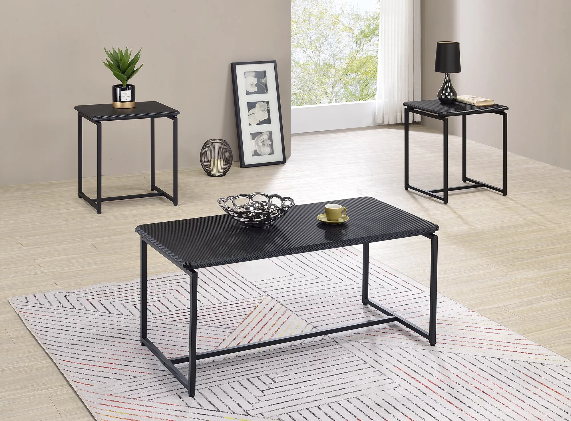 CoSoTower 3 Piece Black Carbon Fiber Wrap Coffee Table and End Table Set