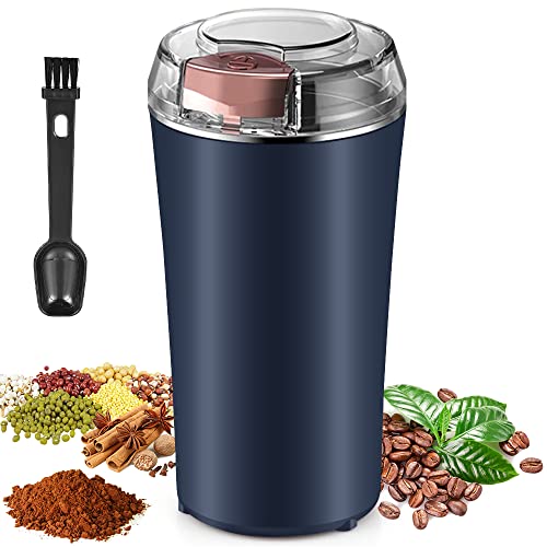 Coffee Grinder Electric, Spice Grinder, Coffee Bean Herb Grinder with Integrated Brush Spoon, One-touch Push-Button Stainless Steel Small Grinding for Peanut Grains (WHITE)
