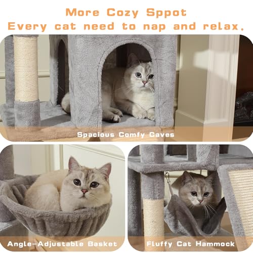 Cat Tree, 70-Inch Cat Tree Tower with Hammock, Scratching Post, Condo and Multi-Level Cat Tower, Large Cat Activity Center Playhouse, Light Gray LCT015