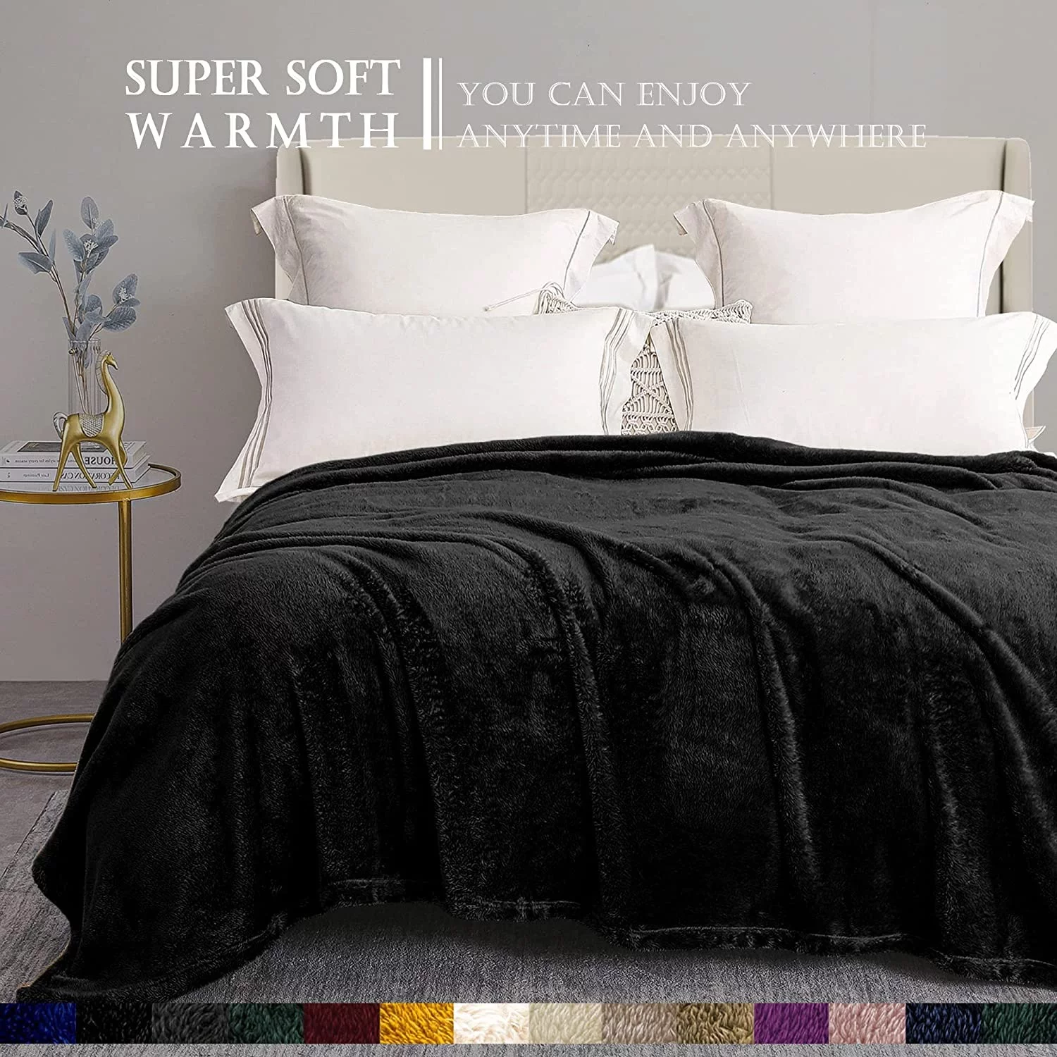 Exclusivo Mezcla Plush Fuzzy Fleece King Size Bed Blanket, Super Soft Fluffy and Thick Blankets for Travel Bed and Couch (Black, 90x104 inches)