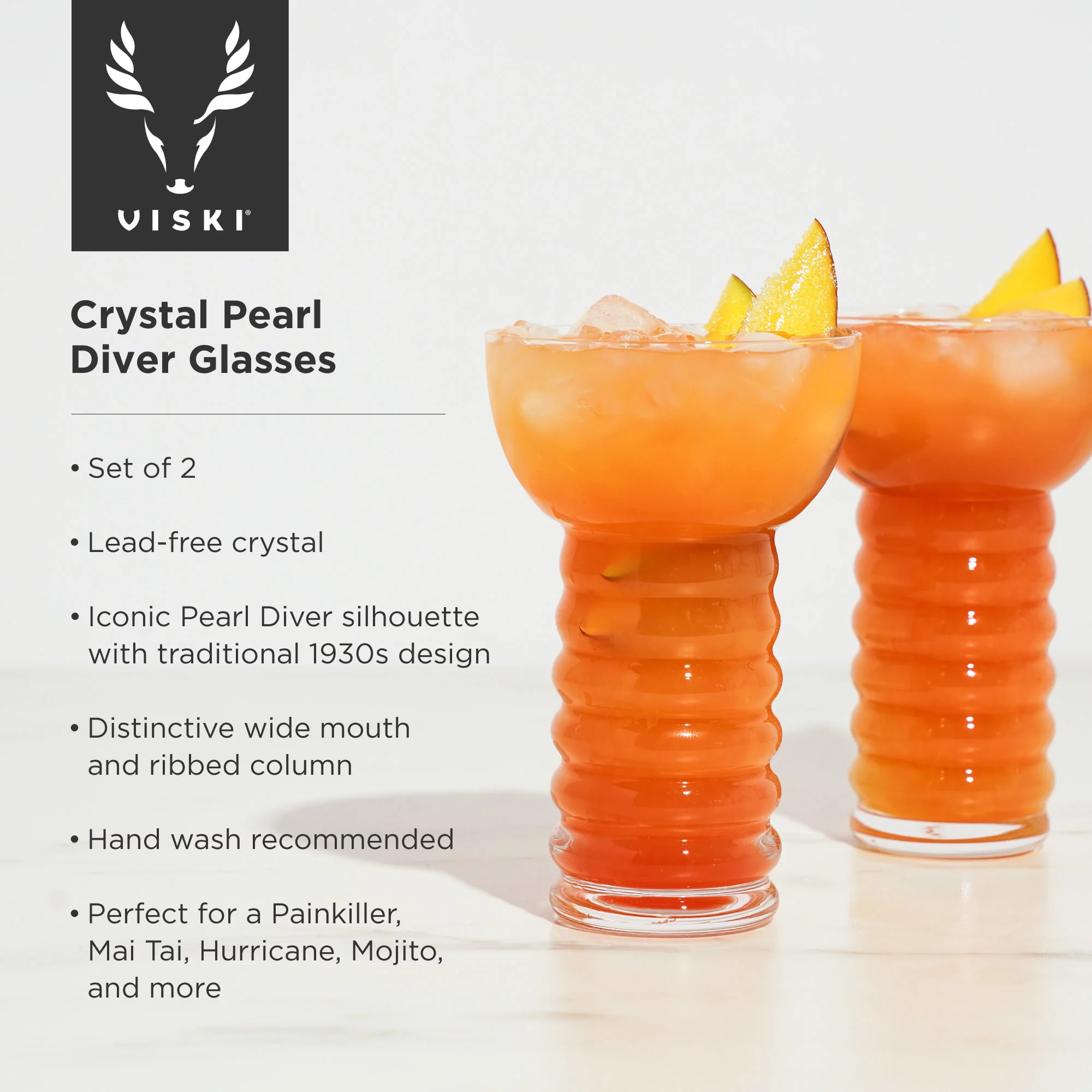 Viski Pacific Crystal Pearl Diver Glasses - Stylish Tiki Cocktail Glasses