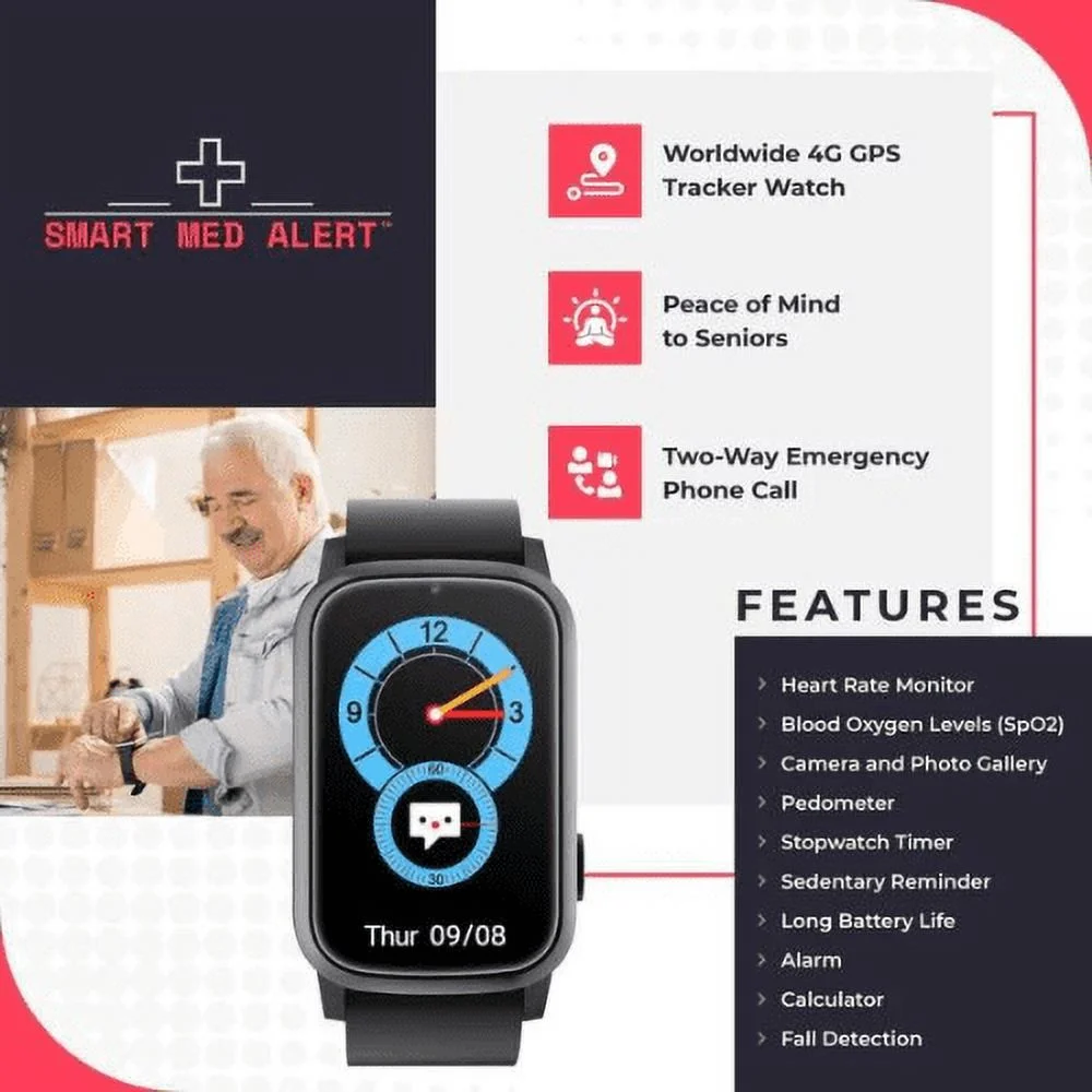 Medical Alert 4G Cellular Rectangular Smart Watch