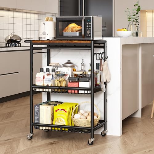 Microwave Kitchen Cart with Push Handle, 3 Tire Rolling Cart with 210Lbs Capacity, Vintage Kitchen Storage Cart with 2 Lockable Wheels for Kitchen Island, Restaurant, Living Room, Office, Balcony