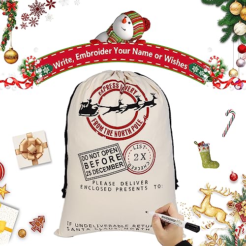 LKITMIUT 6 Pack Santa Sacks - Large Cotton Canvas Gift Bags With Drawstrings - 27.5