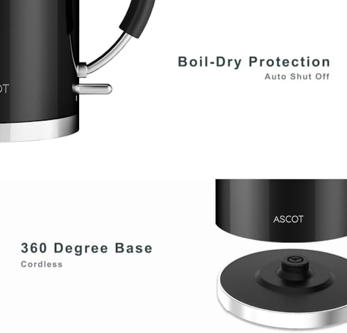 ASCOT Electric Kettle, Electric Tea Kettle Hot Water Kettle Stainless Steel Kettle 1.5L 1500W Tea Heater & Boiling Water, Auto Shut-Off and Boil-Dry Protection (Polished Silver)