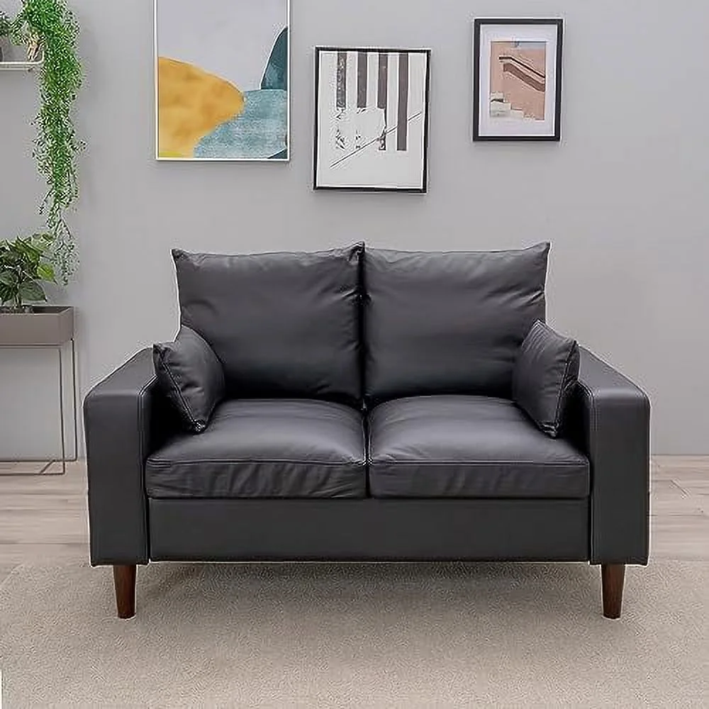 NLIBOOMLife 54.5" Small Loveseat Couch Sofa  Fabric Upholstered 2-Seat Sofa  Love Seat  with Wood Leg for Small Space  Living Room  Apartment (Black Faux Leather  Rolled Arm-2 Seater)