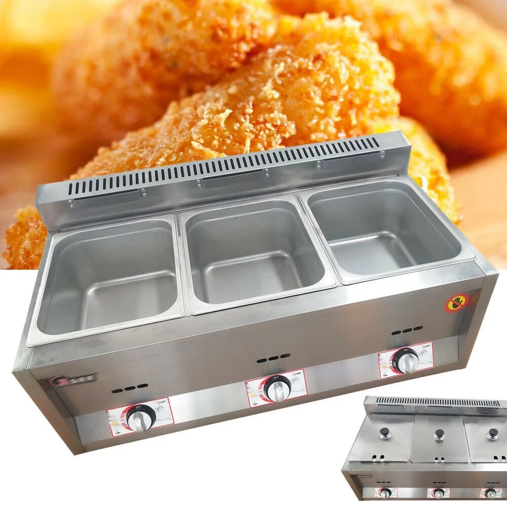 OUKANING 3-Pan Gas Fryer Food Countertop Warmer/Buffet/Heater/Steamer Commercial 18L