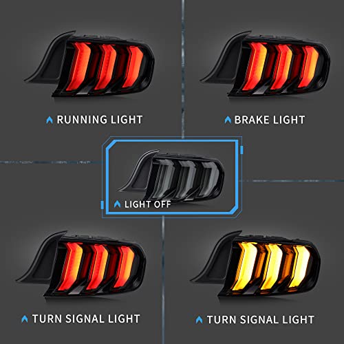 VLAND LED Rear Lights Compatible with Mustang 2015-2023 w/Sequential Amber/Red Turn Signal (5 Lighting Modes Switchable), Transparent Lens Taillight Assembly, Passenger&Driver Sides