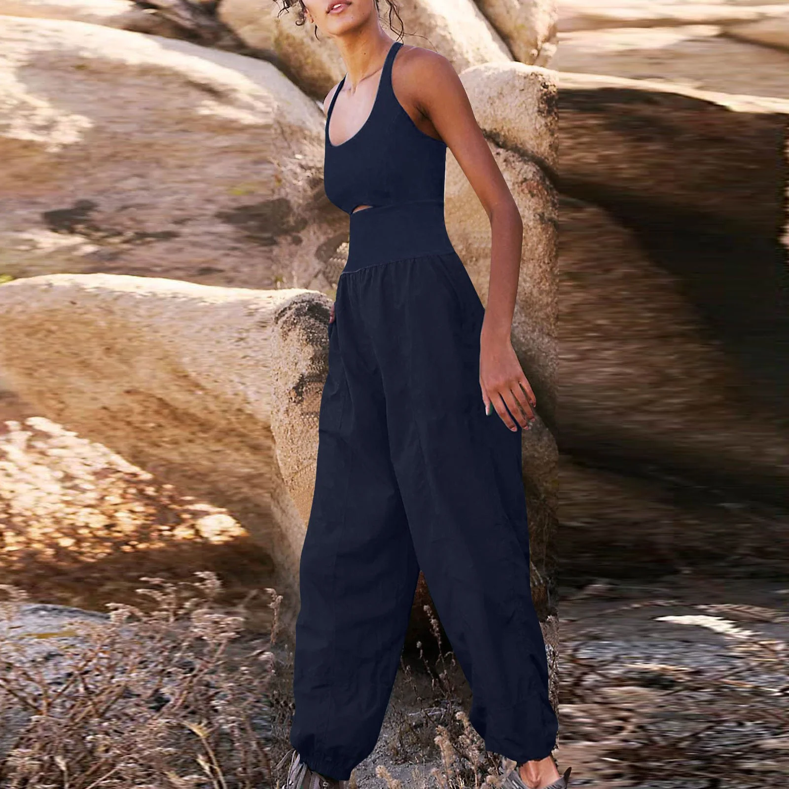 Women Cap Sleeve T-Shirt Womens Fashion Square Neck Strap Jumpsuit Training Sleeveless Solid Color Sports Jumpsuit