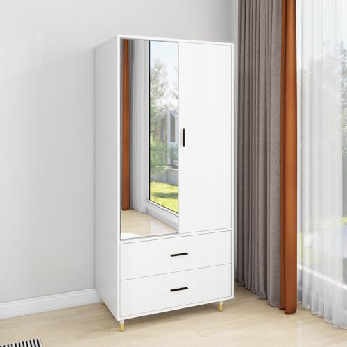 Armoire Wardrobe Closet with Hanging Rod 2 Doors 2 Drawers Mirror and Shelves for Bedroom Storage Organization Large Capacity Organizer for Clothes White 31.5