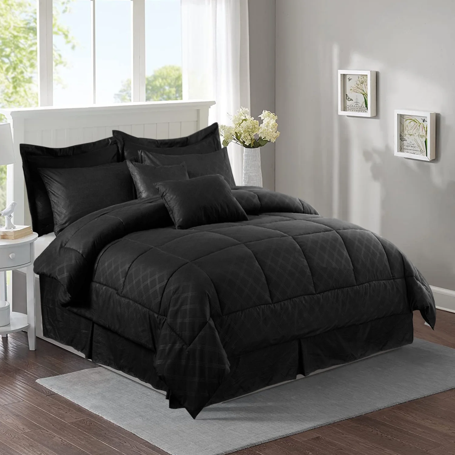JML 10 Piece Bed in a Bag Quilted Diamond Comforter Set with Sheets, King, Black