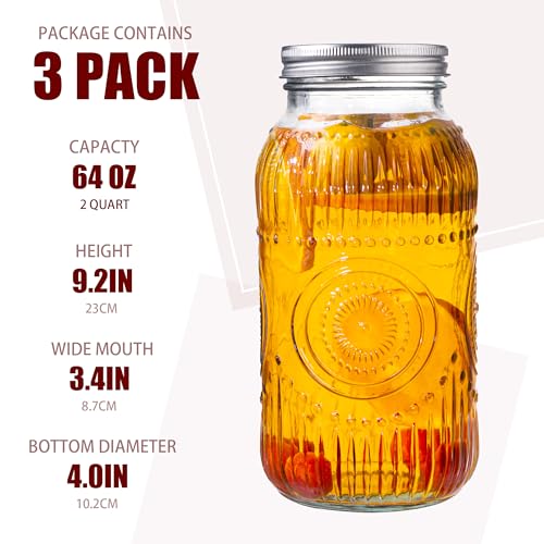 Amzcku 64oz vintage Mason Jars with Lids, Wide Mouth 2 Quart Canning Jar Half Gallon, Safe For Storage, Canning, Pickling, Preserving, Fermenting, DIY Crafts & Decor 3 Pack