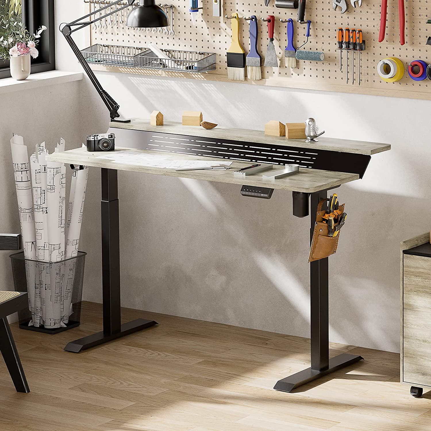 Standing Desk 55x24 Inches Electric Height Adjustable Stand up Desk 2 Tier Sit Stand Home Office Desk Memory Computer Standing Table Ergonomic Workstation