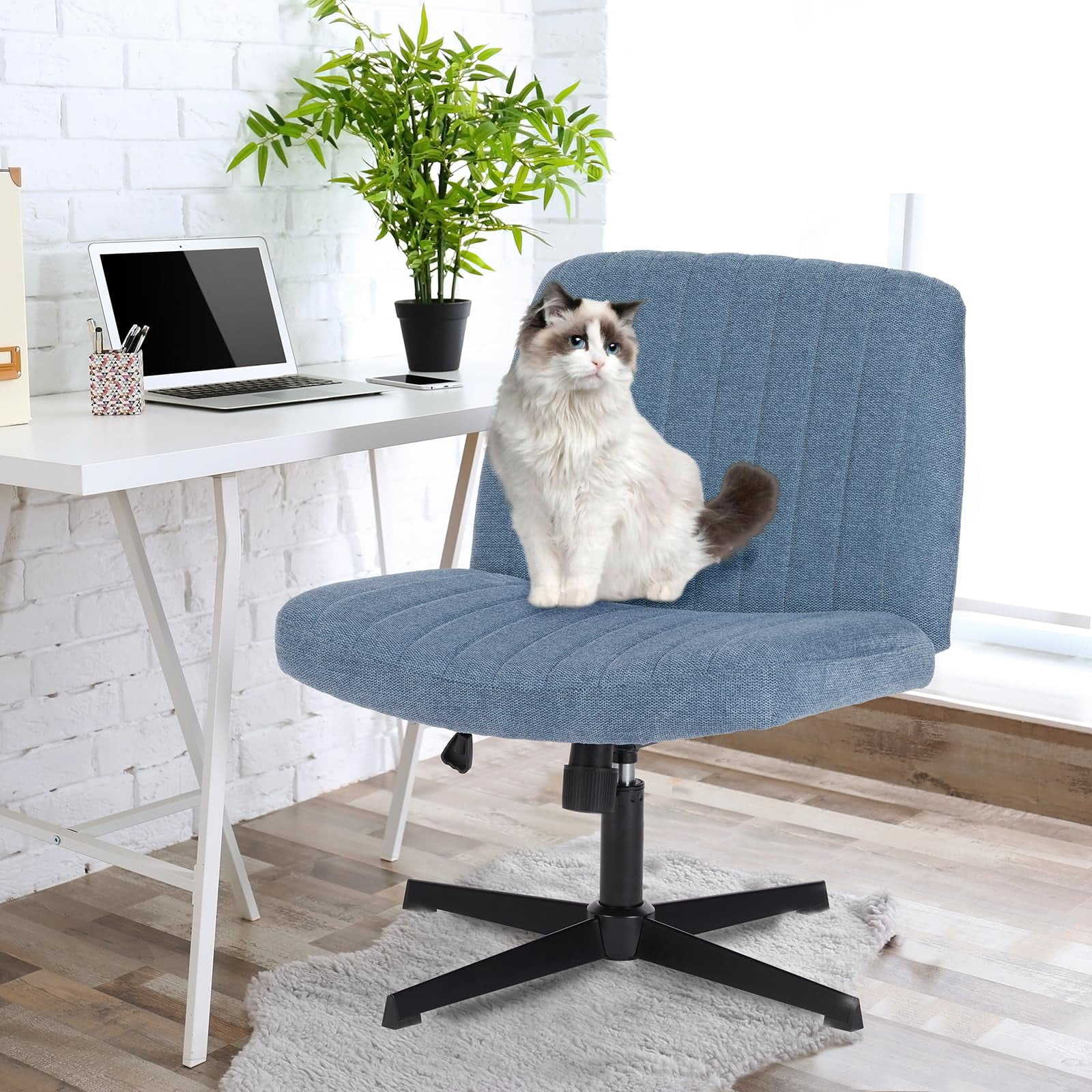 Criss Cross Chair with No Wheels, Swivel Cross Legged Chair for Living Room, Modern Leather Vanity Chair, Height Adjustable Wide Armless Chair for Small Spaces, Mid Back Accent Chair (Brown)