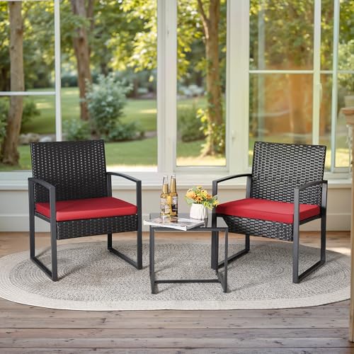 Greesum 3 Piece Wicker Conversation Bistro Sets Outdoor Patio Set Modern Rattan Chair Furniture Sets with Coffee Table for Yard Garden Porch Lawn (Black)