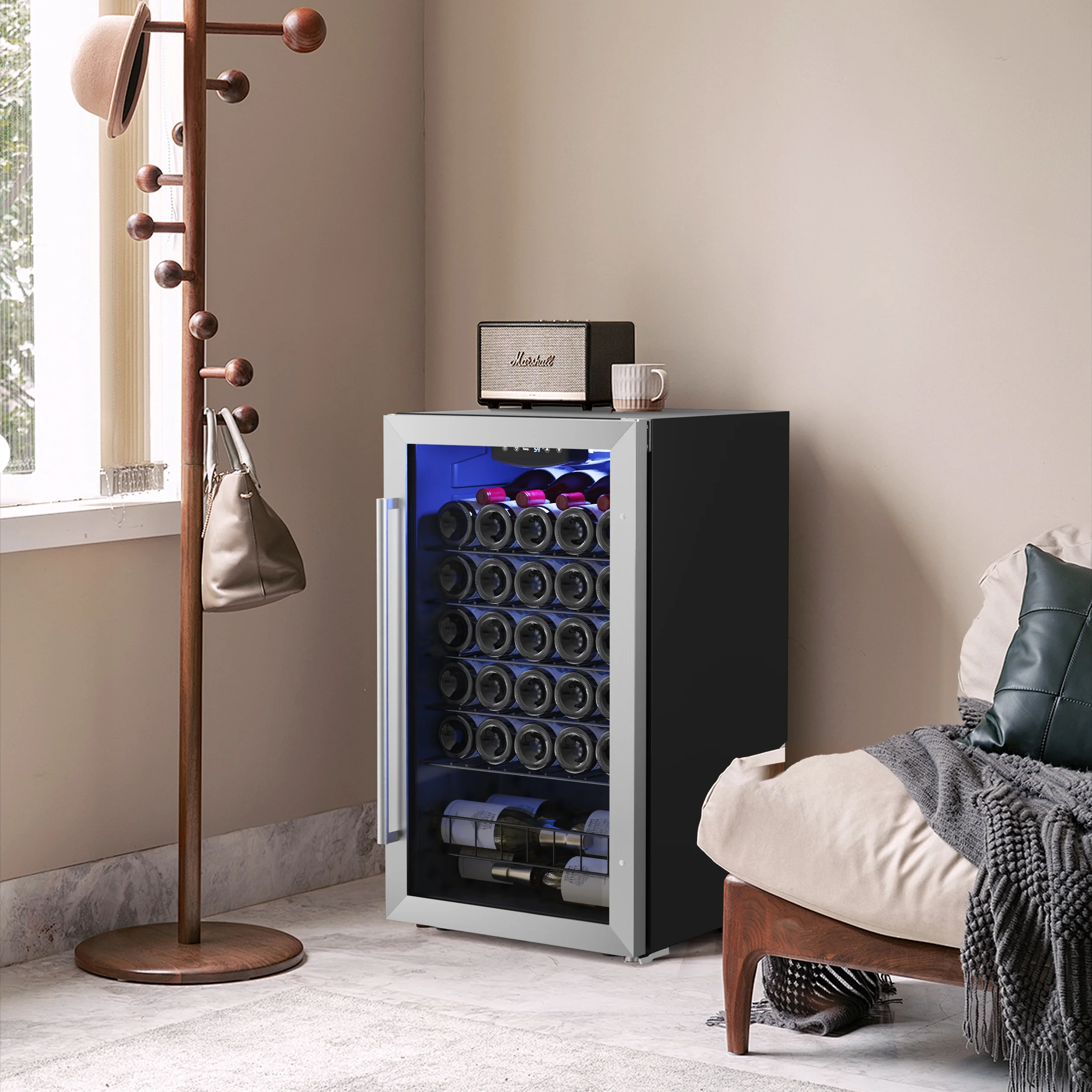 Yeego 32 Bottle Wine Refrigerator Cooler Compact Freestanding Wine Cellars,Glass Door