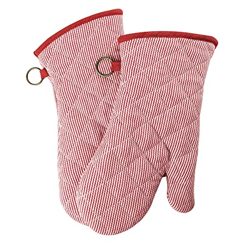 1 Pair Yarn Dyed Oven Mitts 100% Cotton Heat Resistant 470 Degree Gloves Men Women Cooking Baking Barbecue BBQ Microwave Crafting Machine Washable Pot Holders Mittens (red2)