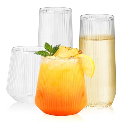 48 Pack Plastic Glasses – 24 x 9oz Stemless Champagne Flutes & 24 x 12oz Stemless Wine Glasses – Elegant Disposable Shatterproof Cup – BPA-Free Drinkware for Weddings, Parties (Gold Rim Diamond)