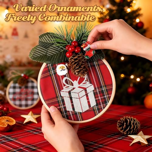 8 Pack DIY Christmas Ornaments Craft Kit, Christmas Ornaments Kits with Plaid Fabric Bamboo Hoops Pinecones Berries and Other Accessories, Perfect for Christmas Crafts and Holiday Decorations