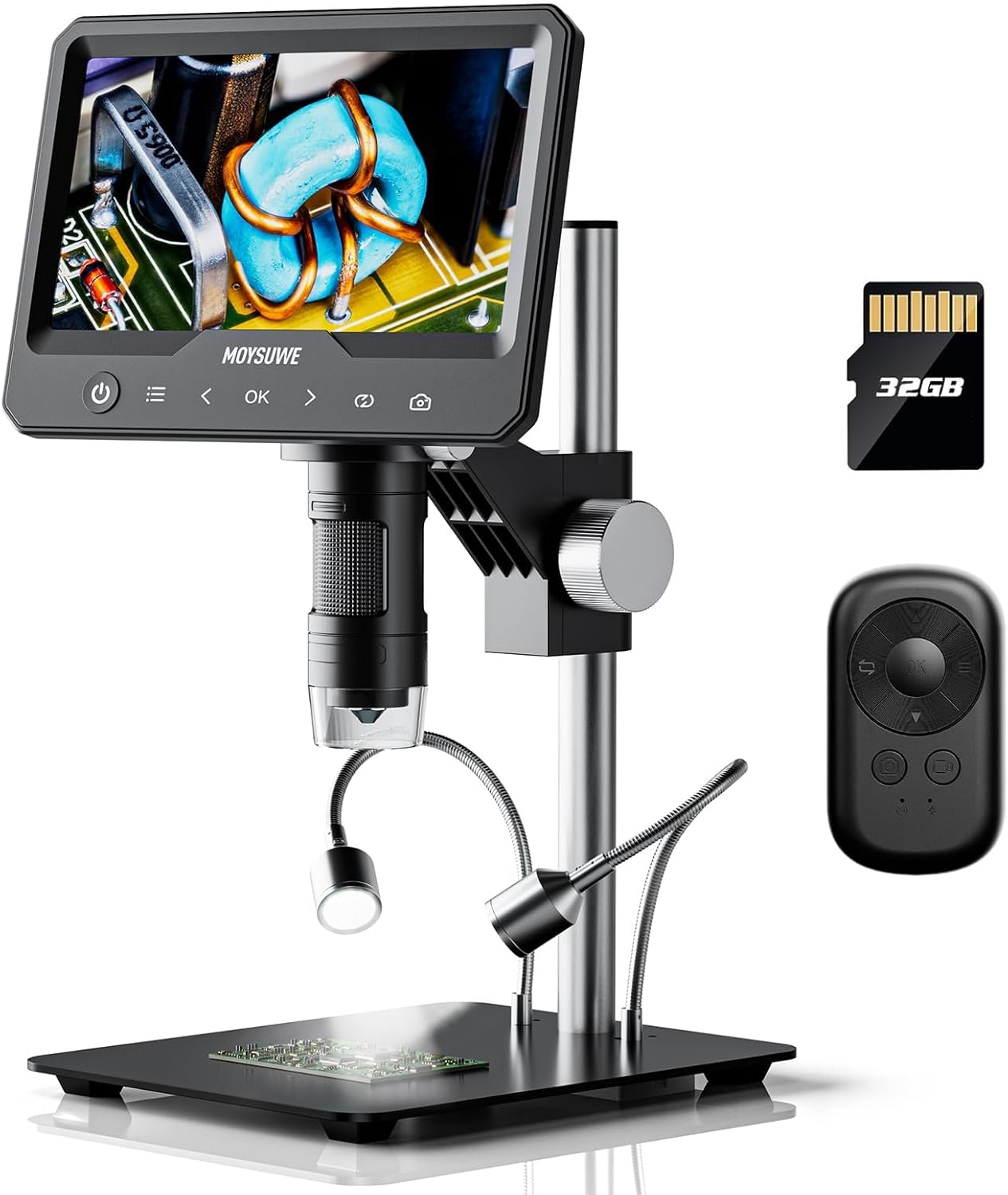 7'' LCD Digital Micrscope,1200X Full View Coin Microscope with Screen,1080P Soldering Microscope for Electronics Repair,Coin Magnifier with 11'' Long Stand,PC View,32GB