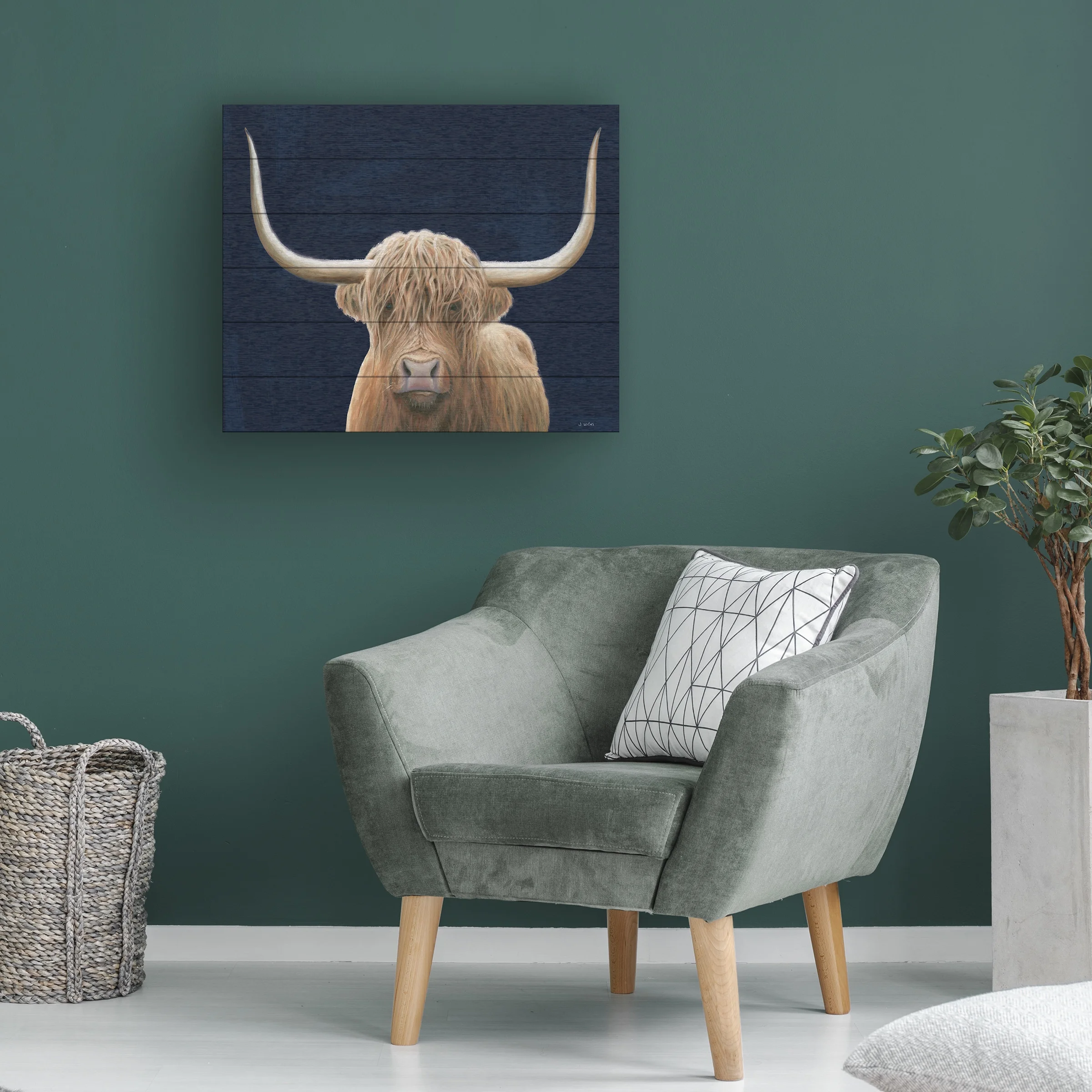 James Wiens 'Highland Cow Navy' Wood Slat Art 18x22