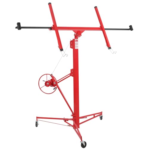 Drywall Lift 11FT, Drywall Jack Lift for Ceiling, Adjustable Panel Hoist, 150LBS Heavy Duty Drywall Lifter, 3 Lockable Wheels Foldable Sheetrock Lift for Home Improvement, Red