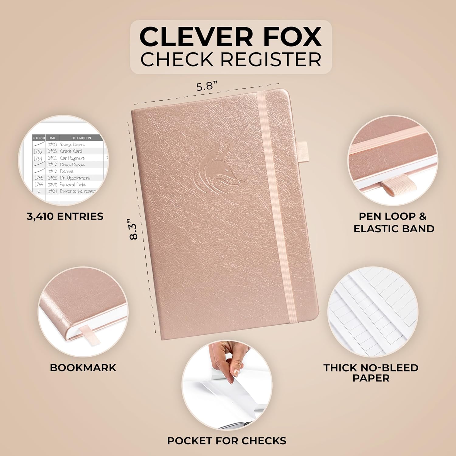 Clever Fox Check Register Book - Deluxe Transaction Register, Accounting Ledger Book, Checkbook Register & Checking Account Register Book for Personal and Work Use, A5 Hardcover - Rose Gold