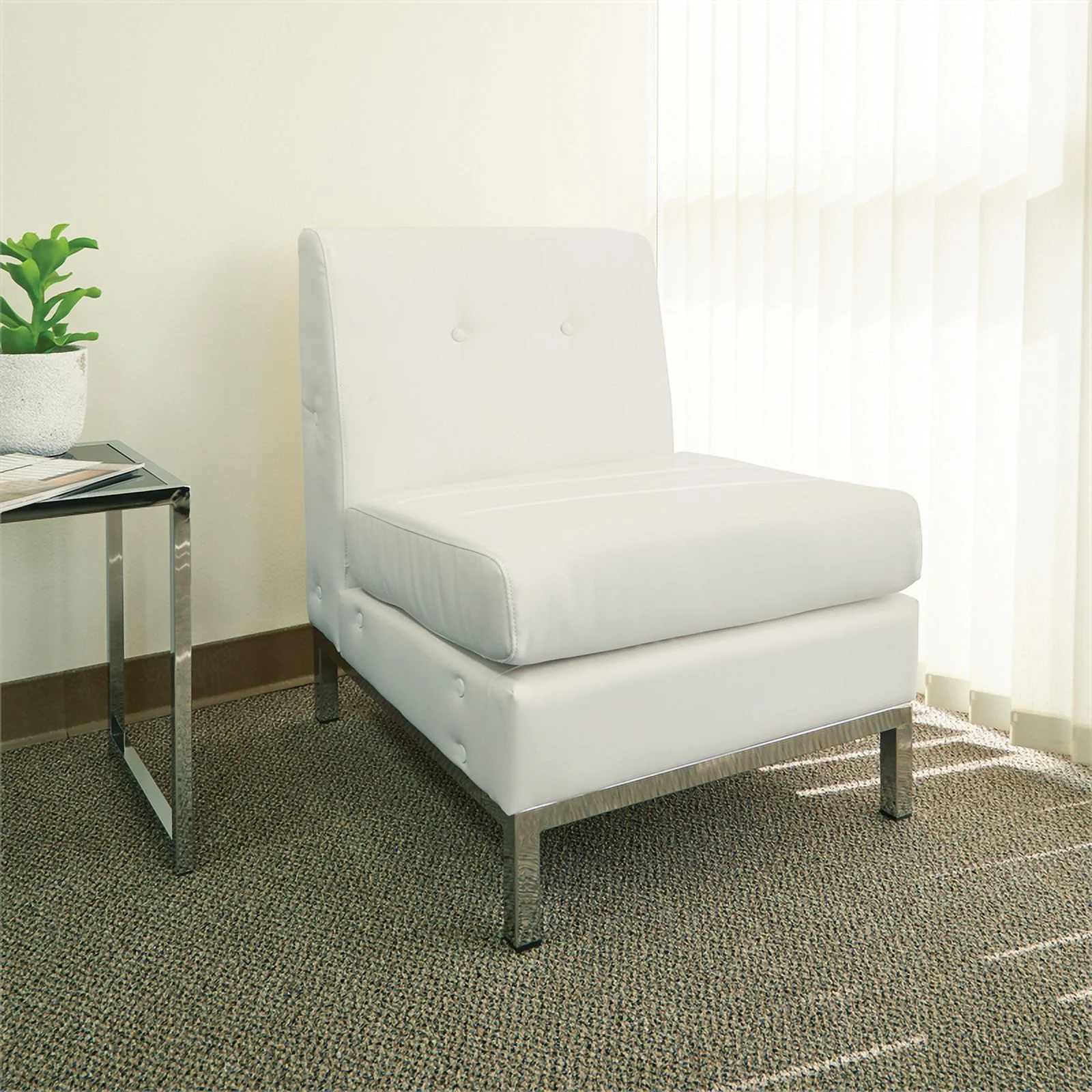 OSP Home Furnishings Wall Street Armless Chair. White Faux Leather.