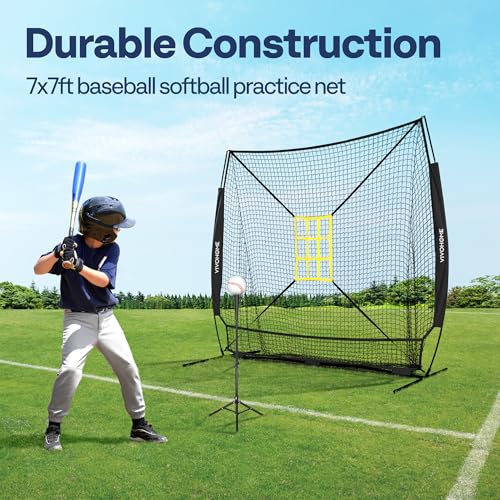 VIVOHOME Baseball Softball Hitting Net with Large Ball Collection System, 7 x 7 ft Baseball Batting Pitching Net with Tee, 2 Strike Zone, Carry Bag