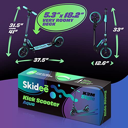 Skidee Adult & Teen Scooter Adjustable Height, Folding, Large Wheels, Lightweight, Durable, Anti-Shock Suspension, Up to 220 lbs