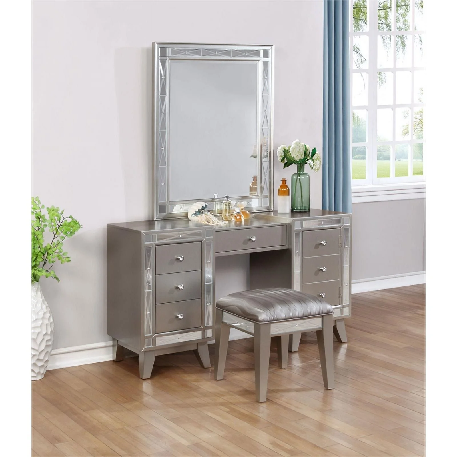 Pemberly Row Contemporary Wood 3-piece Vanity Set in Metal Finish