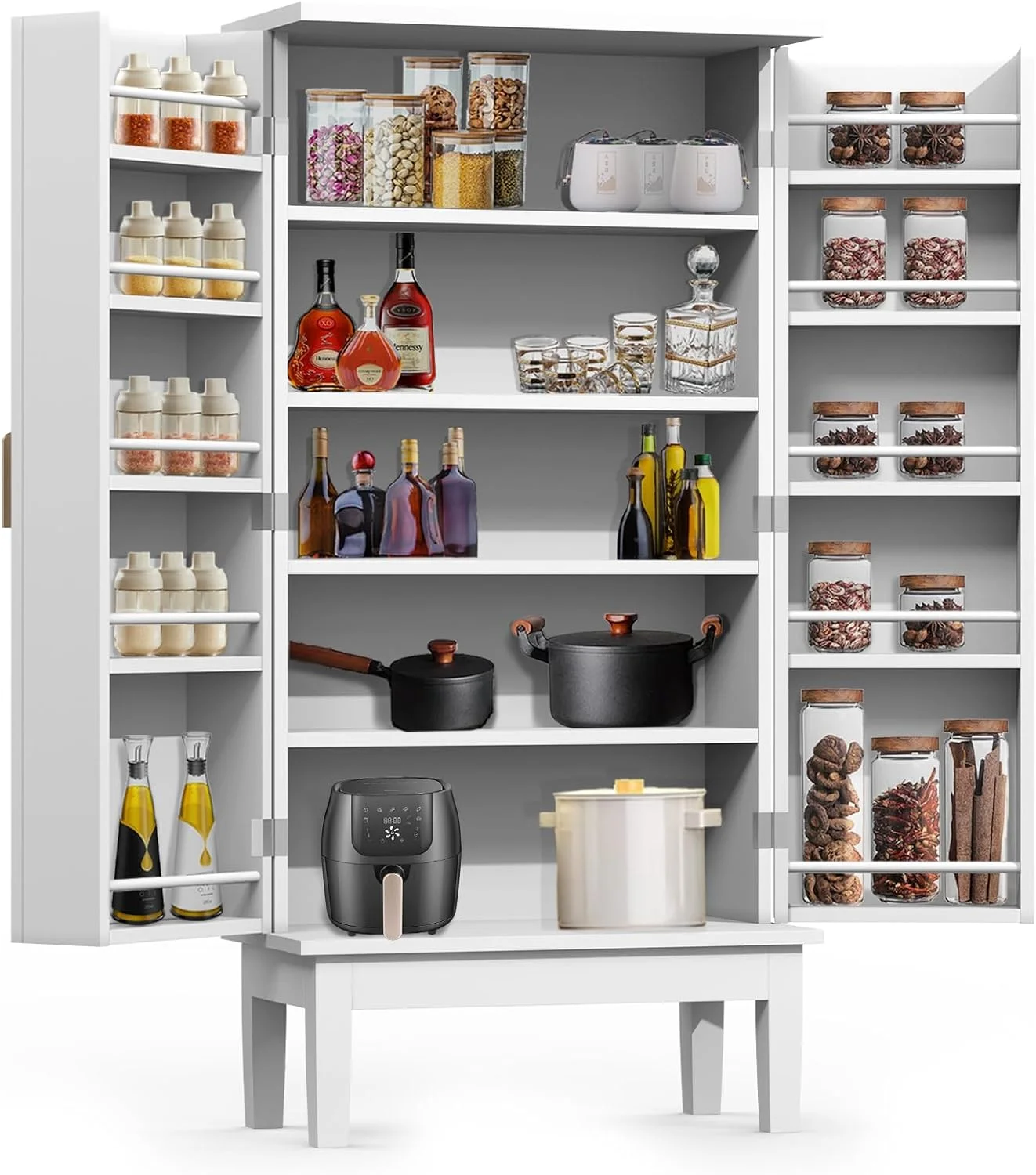 47.2” Kitchen Pantry Cabinet, White Storage Cabinet with Adjustable Shelves, Racks & Gold Handle, Freestanding Kitchen  Cupboard,  Sideboard for Living or Dining Room