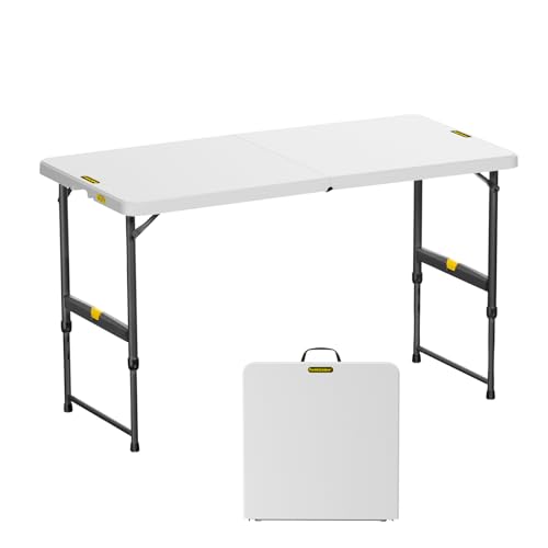 FanttikOutdoor 4ft Portable Folding Table, One-Handed Height Adjustment, 4 Heights, Gravity Lock, Carry Handle, Indoor Outdoor Heavy Duty Fold-in-Half Utility Table, Party, Gray Zeta X4 Pro