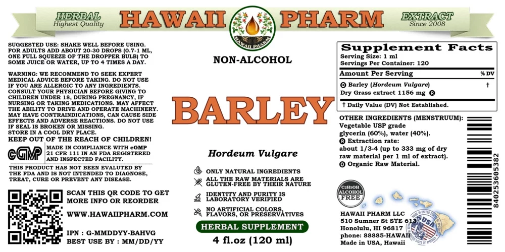 Barley (Hordeum Vulgare) Dry Grass ALCOHOL-FREE Liquid Extract. Expertly Extracted by Trusted HawaiiPharm Brand. Absolutely Natural. Proudly made in USA. Glycerite 4 Fl.Oz