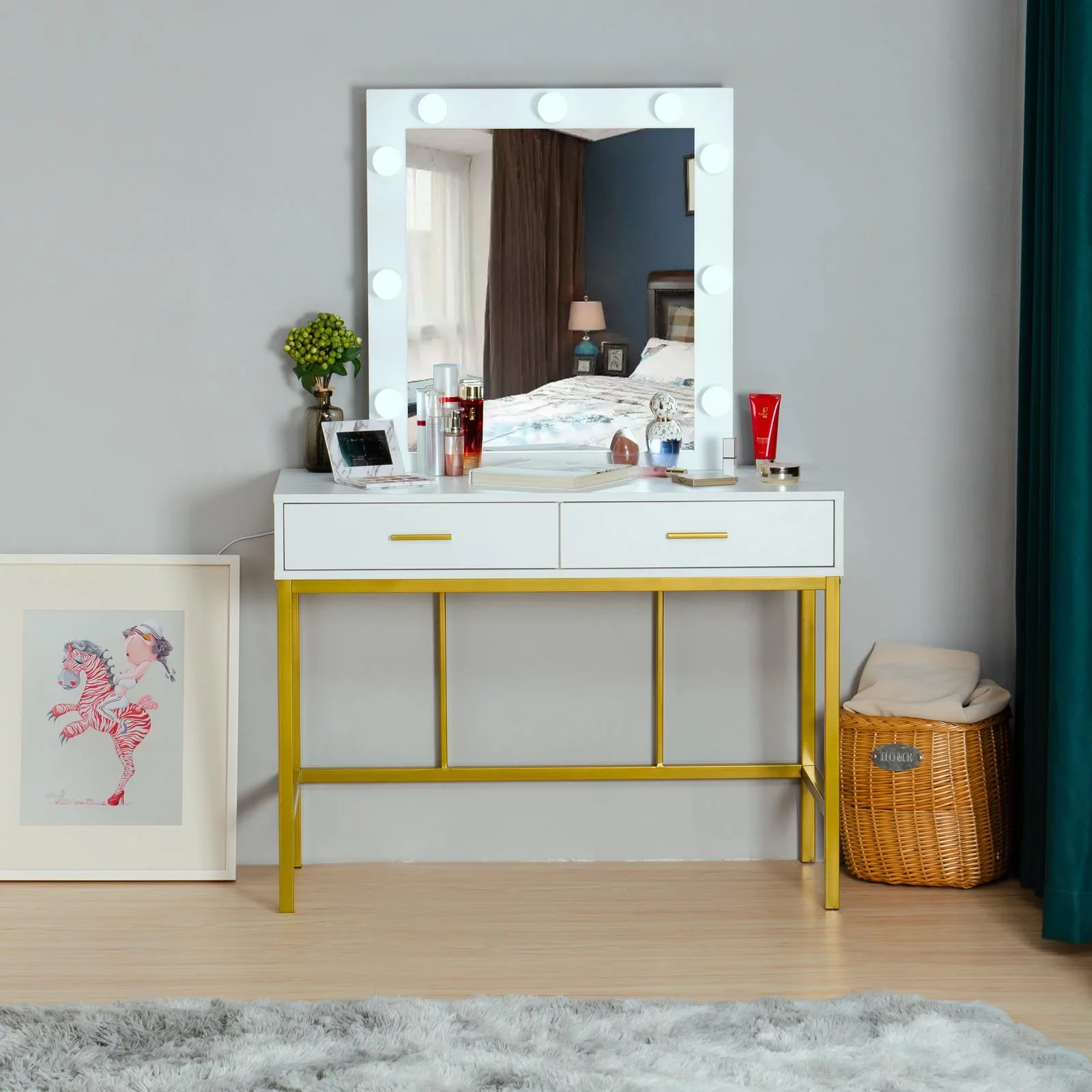 Ktaxon Vanity Makeup Table Set Dressing Jewelry Desk with LED Lights Square Mirror & Drawer,White