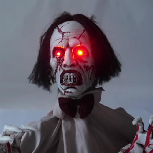 Halloween Zombie Groundbreaker Decoration,Scary Animatronics Zombie with Lighted Red Eyes and Sounds for Outdoor Graveyard Haunted House Decor,Voice Activated Animated Swing Head Zombies Prop